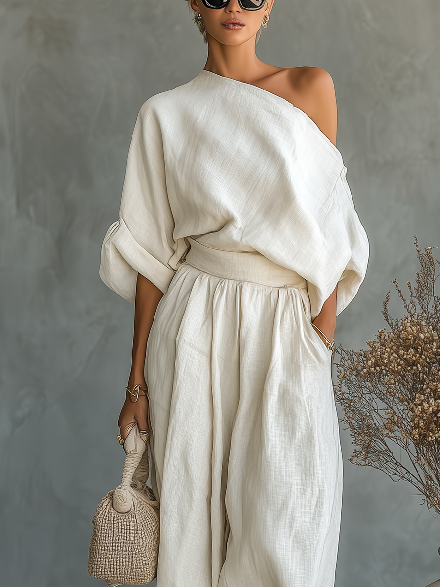 Women's Off-White Linen Set | Casual Tapered Pants Outfit